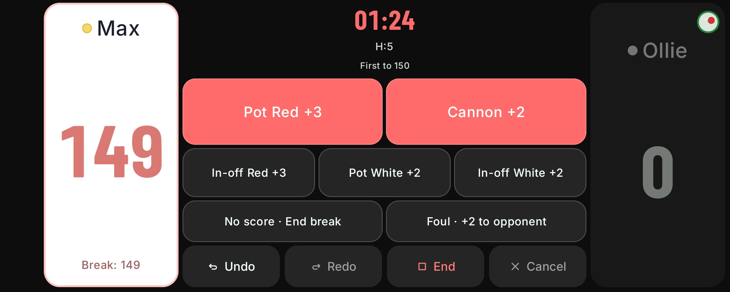 English billiards in landscape: Max 149 with a break of 149, Ollie 0, first to 150. A consecutive-hazard count of 5 is shown. Buttons: Pot red +3, Cannon +2, In-off red +3, Pot white +2, In-off white +2, No score, Foul +2 to opponent.