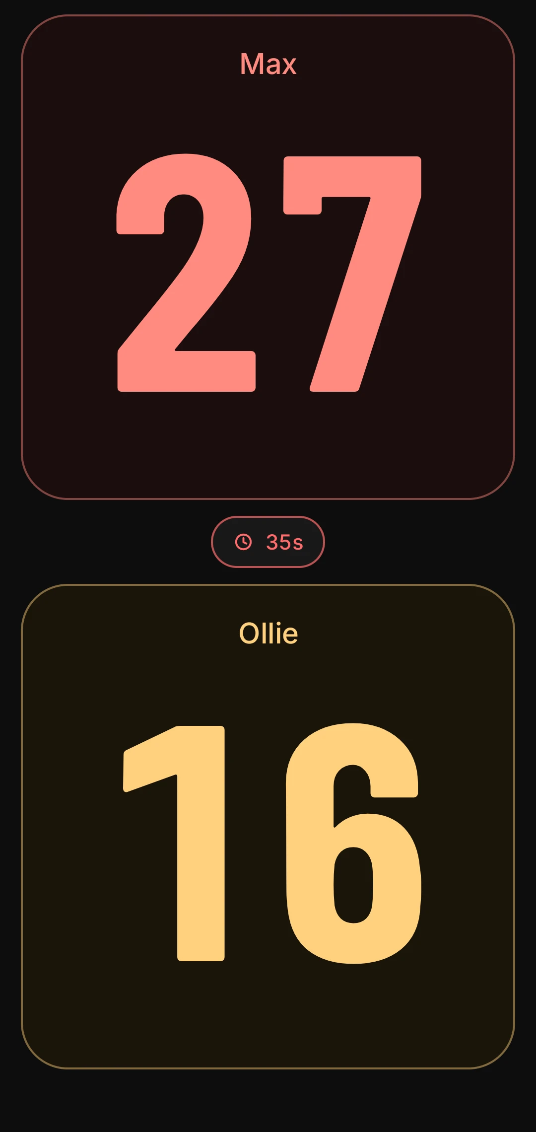 Door mode for three-cushion: Max 27 and Ollie 16 in large type with a 35-second shot-clock badge between them.