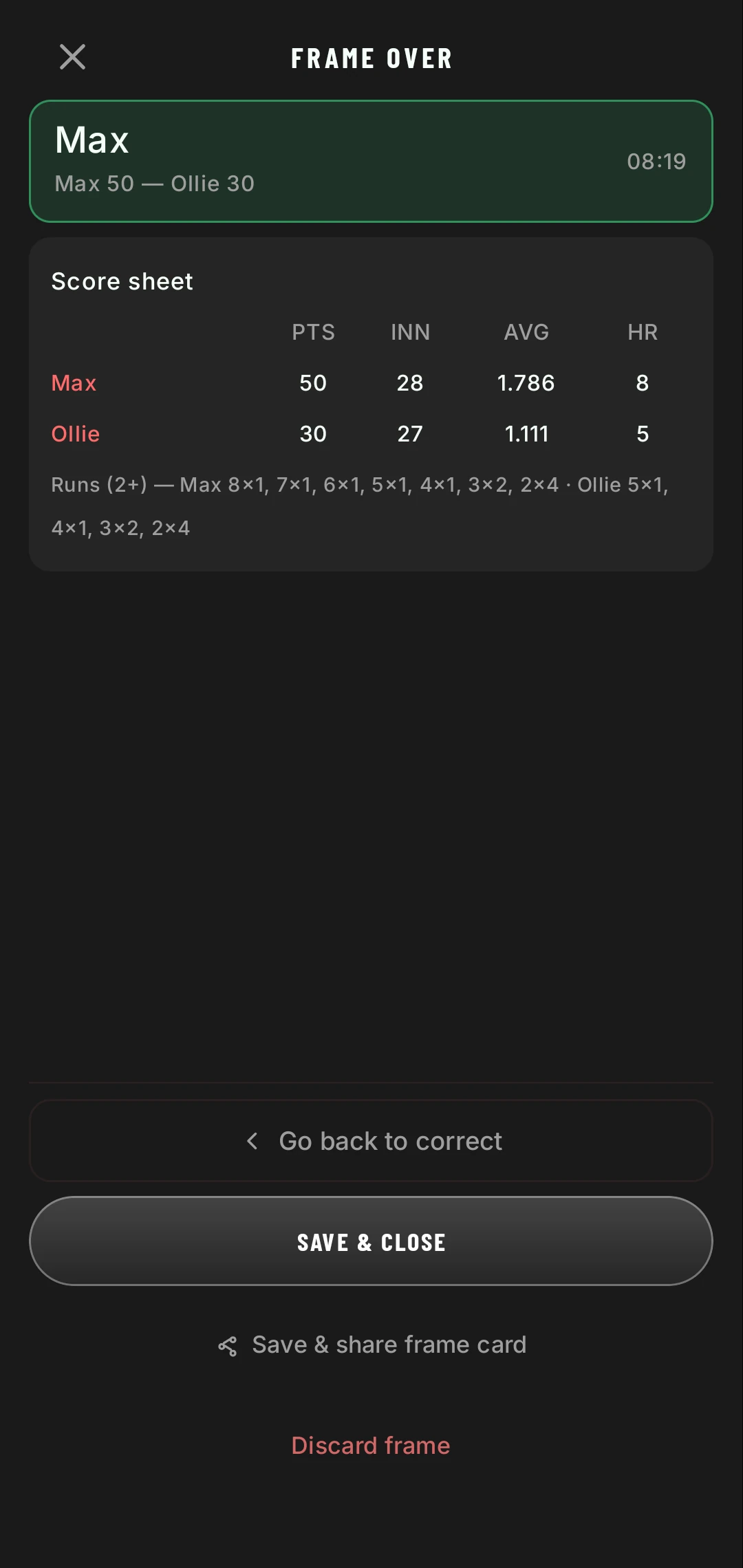 Game over: Max wins 50 to 30. Score sheet: Max 50 points in 28 innings, average 1.786, high run 8; Ollie 30 in 27, average 1.111, high run 5; runs of 2 or more listed for each player.