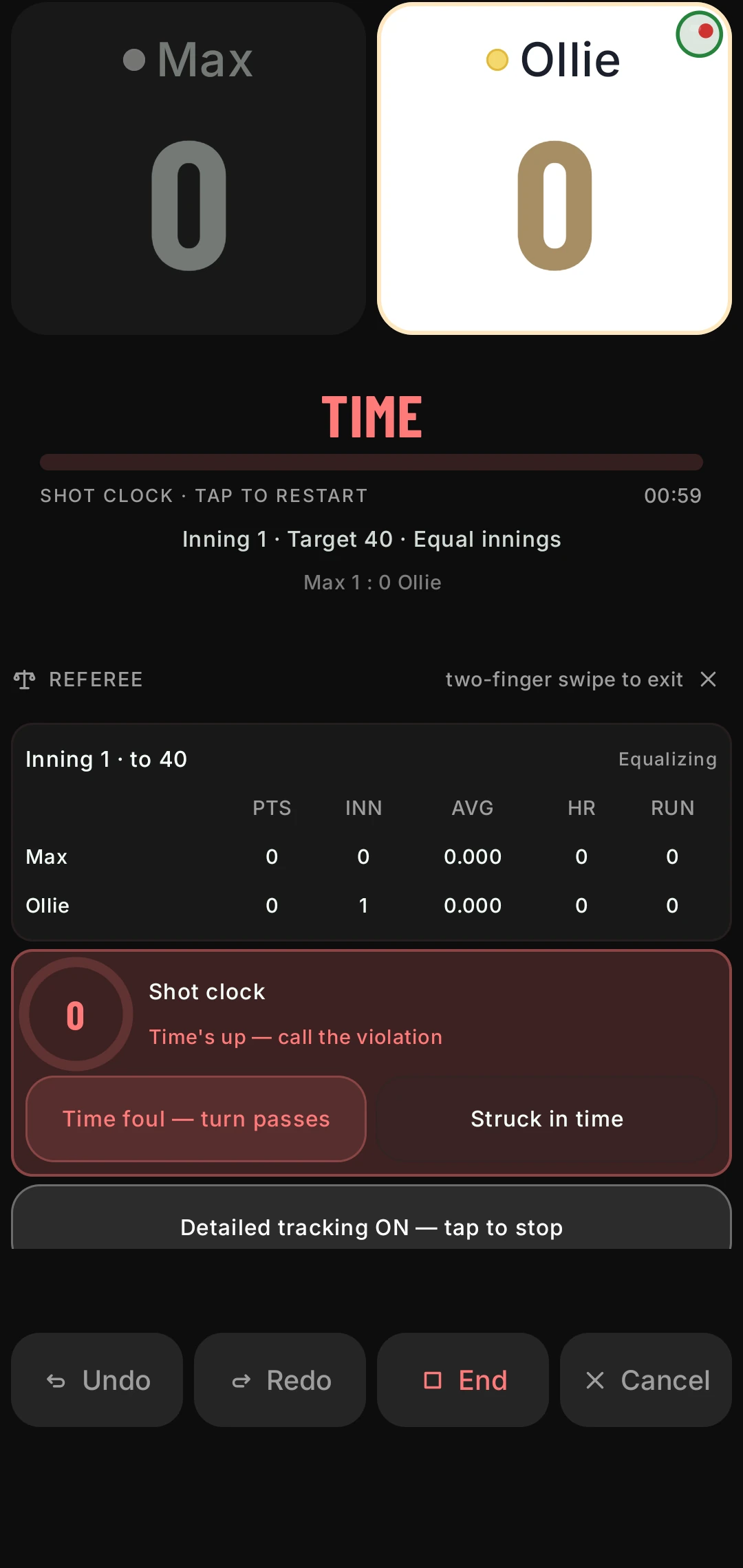 Tournament referee console for three-cushion: live score sheet with points, innings, average, high run and current run; the shot clock at zero with Time foul, turn passes, or Struck in time.
