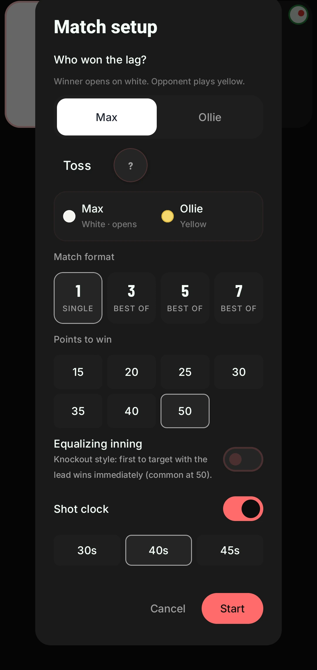 Three-cushion match setup: who won the lag, white or yellow, single game or best of 3, 5 or 7, points to win from 15 to 50 with 50 selected, equalising inning off for knockout, shot clock 30, 40 or 45 seconds.