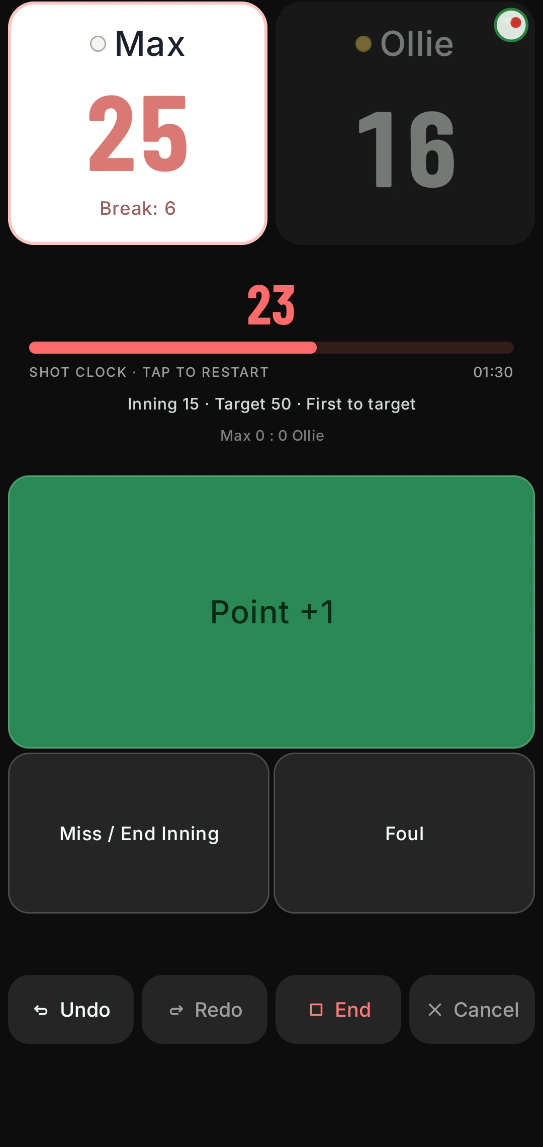 Three-cushion in portrait: Max 25, Ollie 16, the shot clock at 23 seconds of 40, inning 15.
