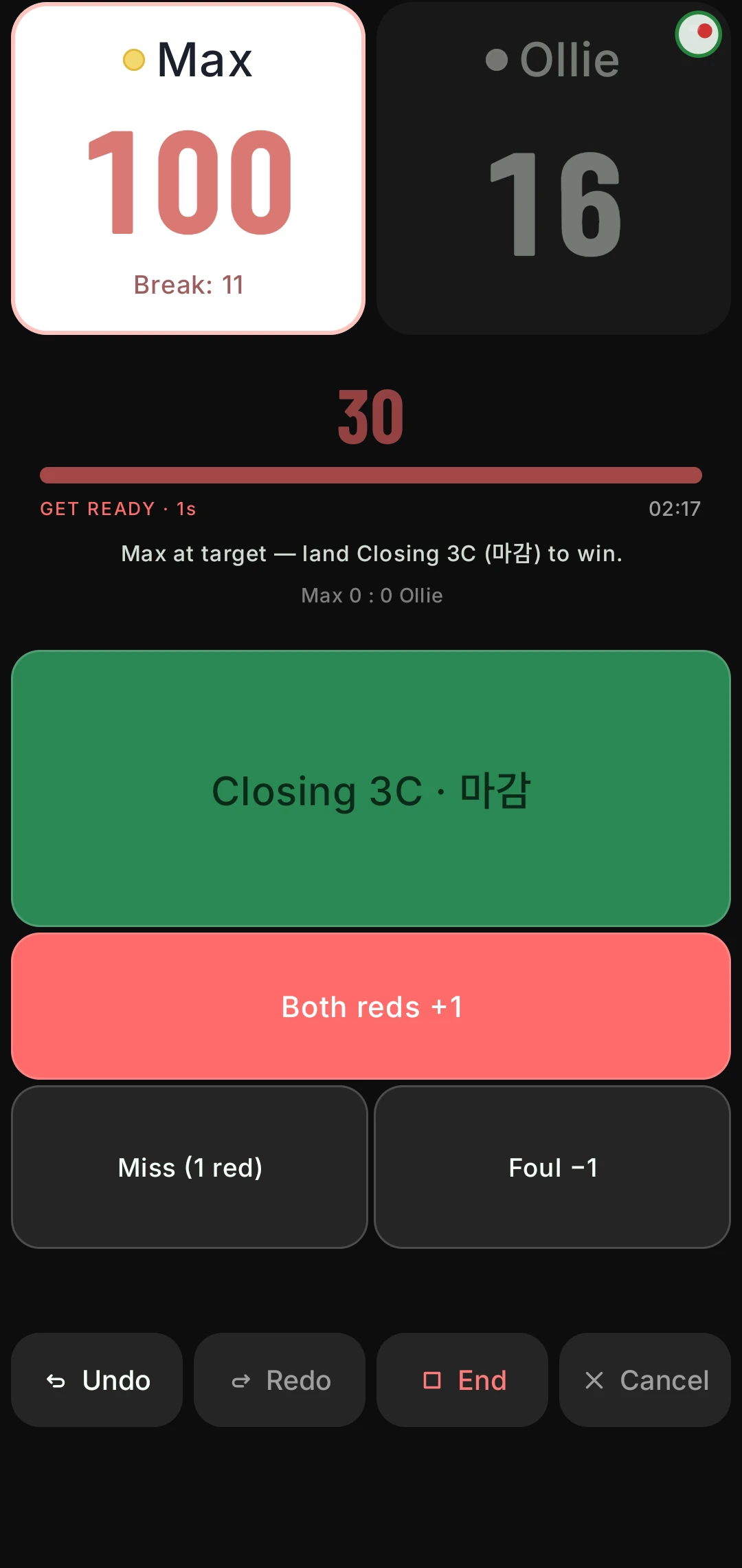 Max at 100, Ollie 16. The line reads Max at target, land Closing 3C (마감) to win, and the closing button has moved to the top.
