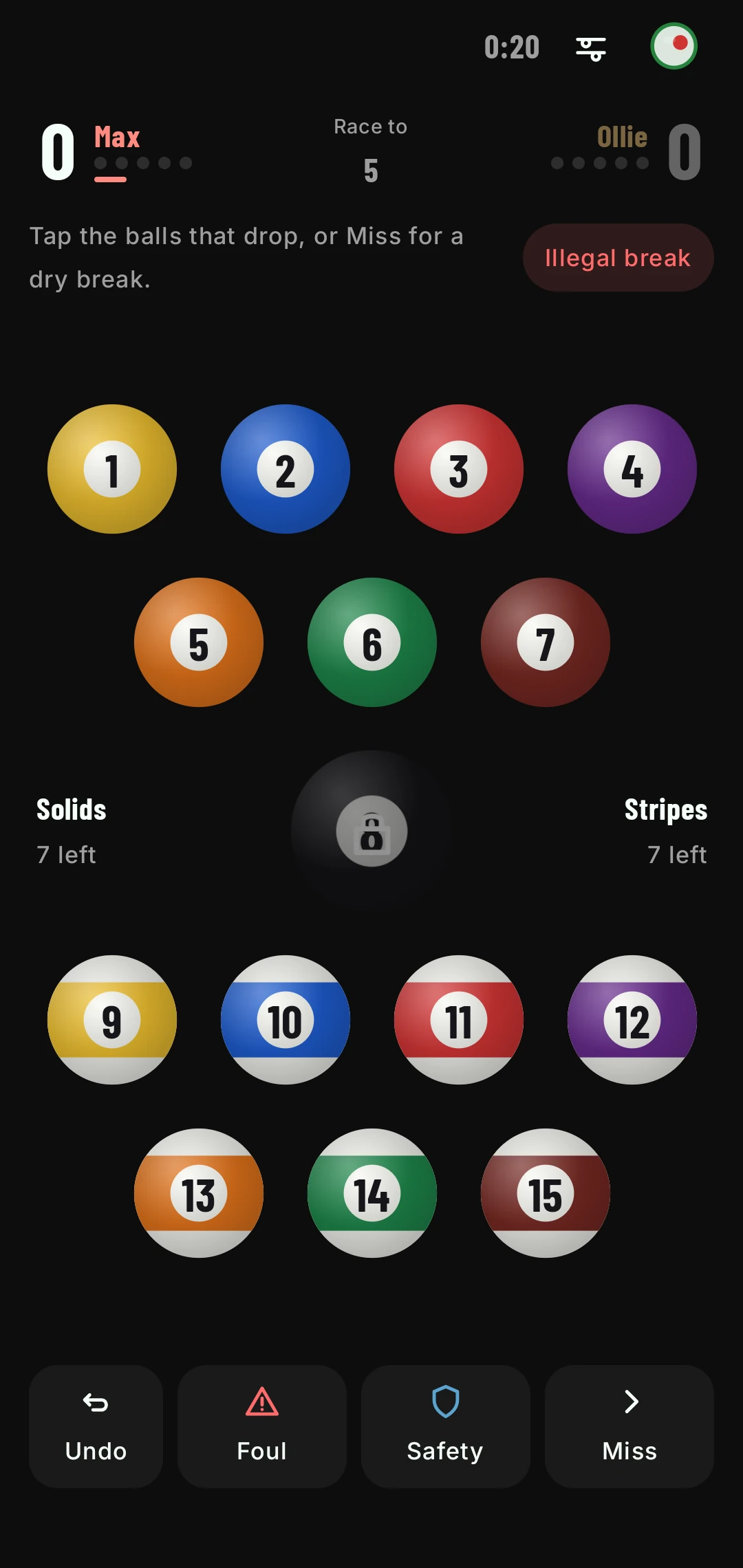 8-ball pool before the break in portrait, race to 5: all fifteen numbered balls in a tray, the 8 locked in the centre, with Undo, Foul, Safety and Miss below.