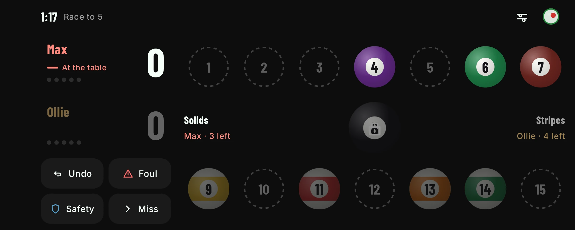An 8-ball rack in landscape: numbered balls in a tray, pocketed balls shown as empty rings, the 8 locked. Max is on solids with 3 left, Ollie on stripes with 4 left.
