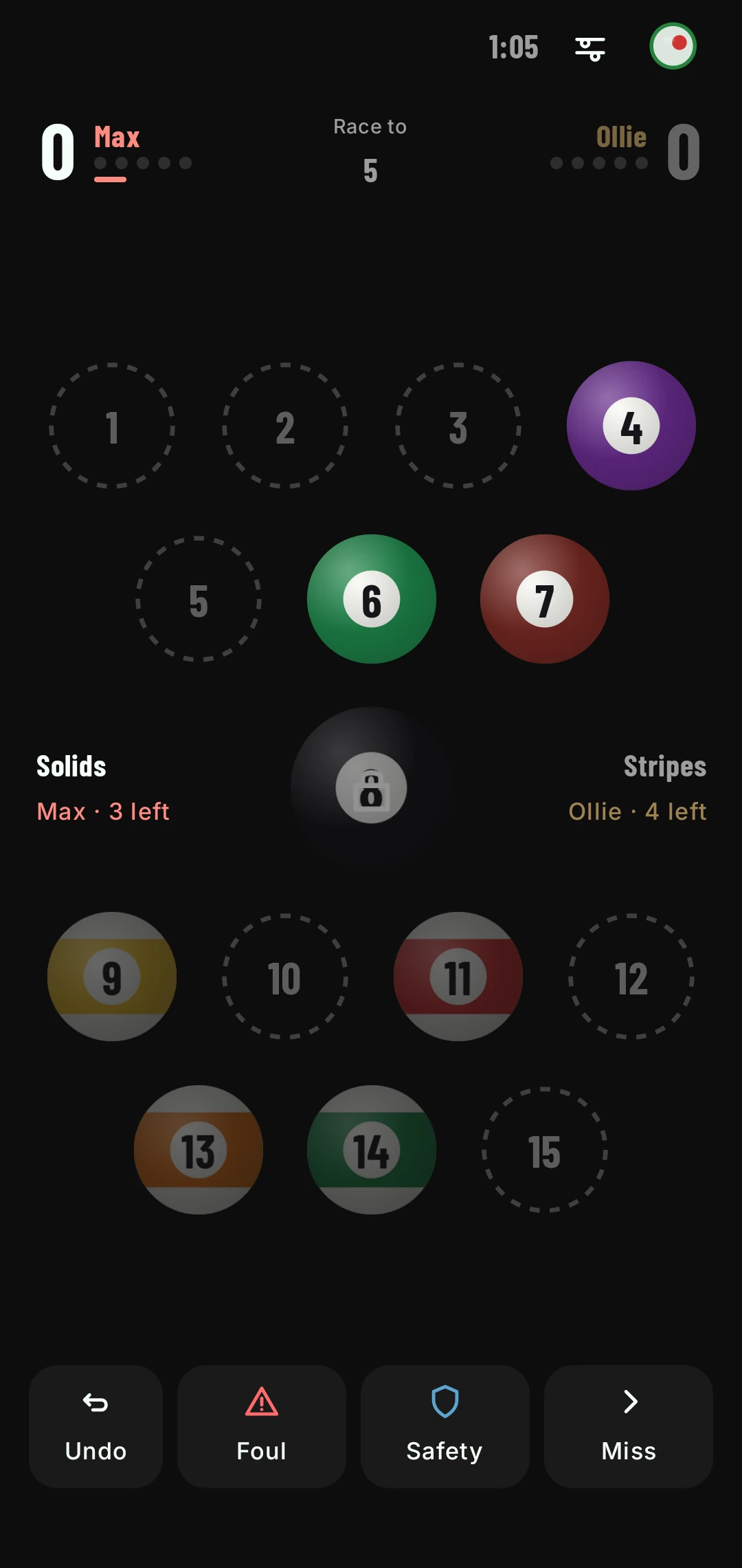 8-ball pool mid-rack in portrait: Max on solids with 3 left, Ollie on stripes with 4 left. Pocketed balls show as empty rings and the 8 is locked.