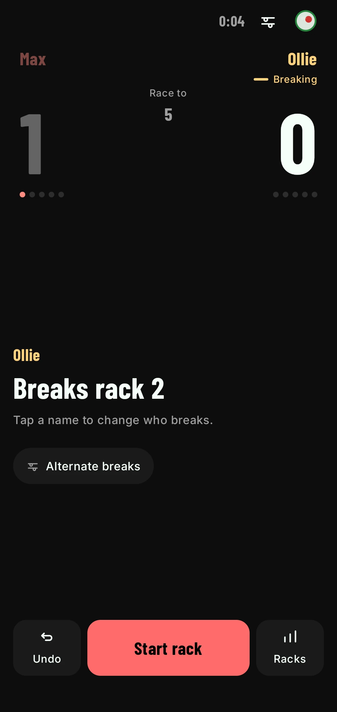 After the rack: Max leads 1 to 0 in a race to 5, and Ollie breaks rack 2, with a Start rack button below.