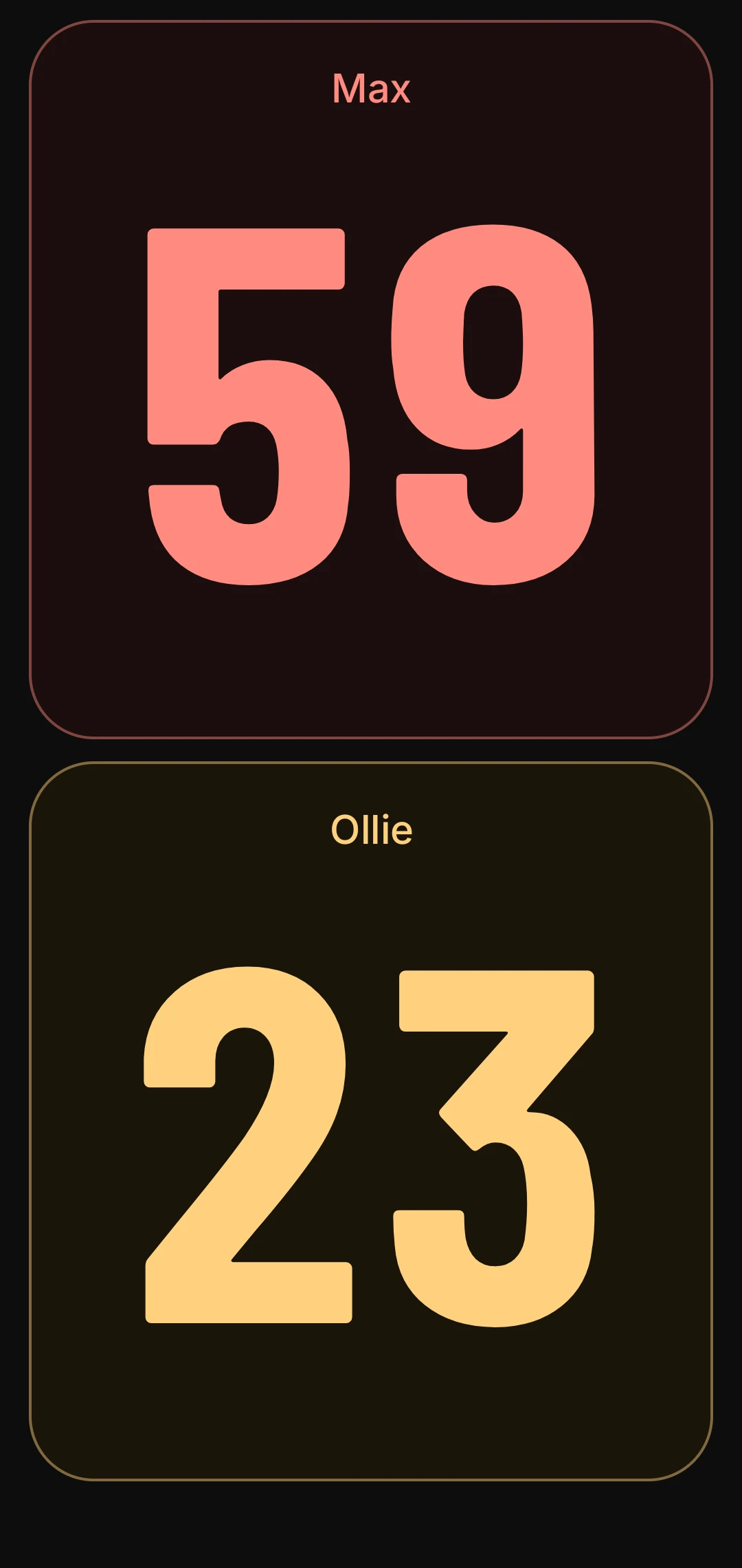 Door mode in portrait: Max 59 above Ollie 23 in large type.