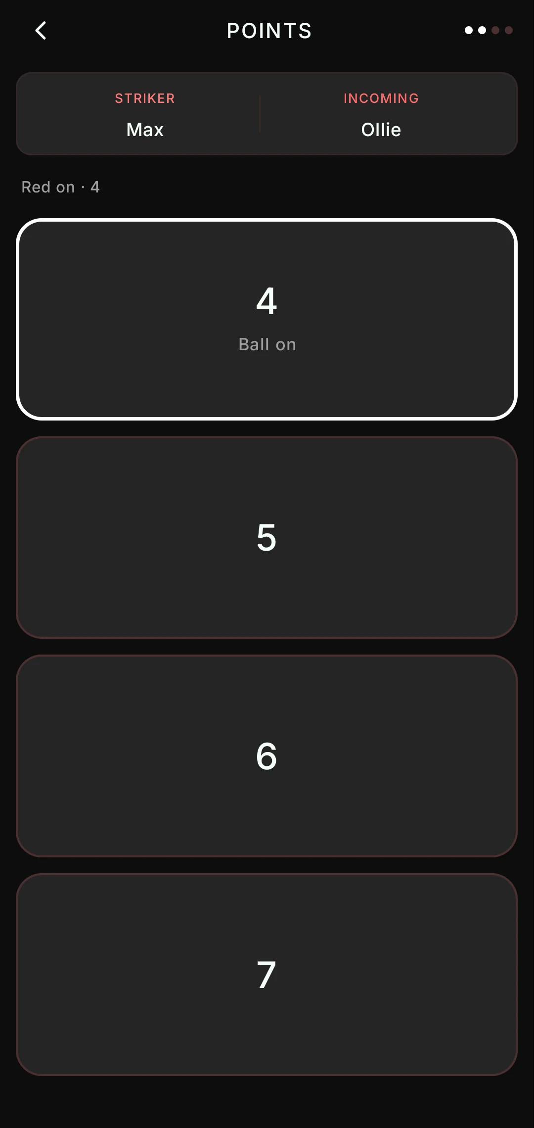 Foul value screen: red on, so 4 is pre-selected as the ball-on value, with 5, 6 and 7 below.