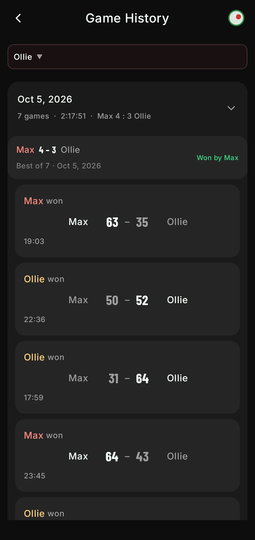 Game history for 5 October: a best-of-7 match won 4 to 3 by Max, with each frame's score and winner.